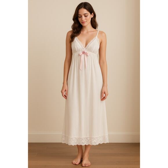 Vintage 60s Val Mode Baby Doll Lace Trim Rosette Maxi Slip Dress Size Medium - Picture 1 of 9